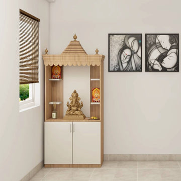 Classic Compact Standalone Pooja Mandir Design with Storage Cabinet